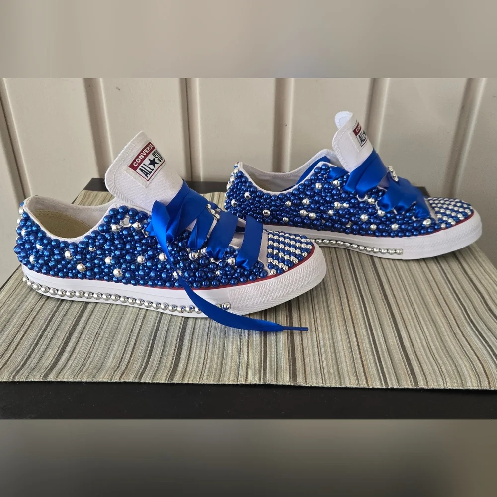Converse All Star Blue and Silver Beaded Sneakers - Picture 4 of 10